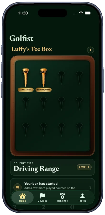 Golfist running on iPhone 17 Pro, showing a logged-in Tee Box screen.