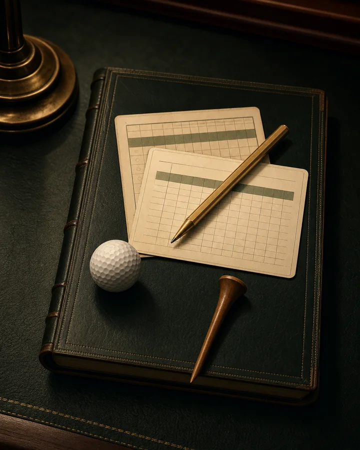 A clubhouse ranking ledger with scorecards, a brass pencil, a golf ball, and a wooden tee.