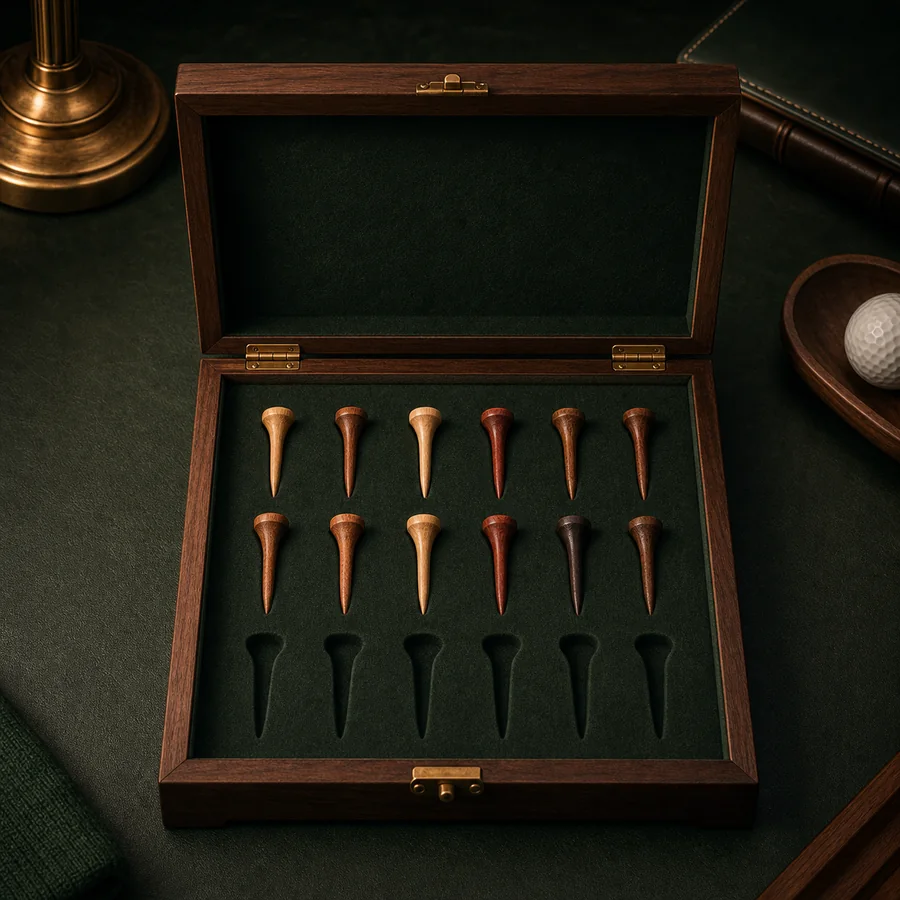 A wooden Golfist Tee Box with collected course tees set into dark felt.
